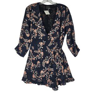 Greylin Anthropologie Silk Wrap Romper Women's Small Black Floral Long Sleeve